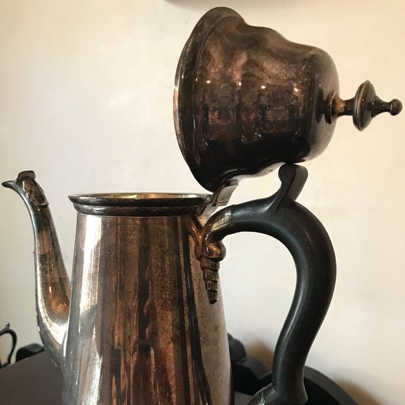 Antique Patinated Pure Silver Plated 5 Pc Tea Set w/ Black Wood Handle - Picture 6 of 15